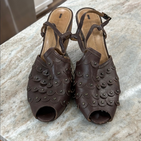 Schuler & Sons Philadelphia peep toe wedge shoes size 40 buckle strap brown - Picture 2 of 14